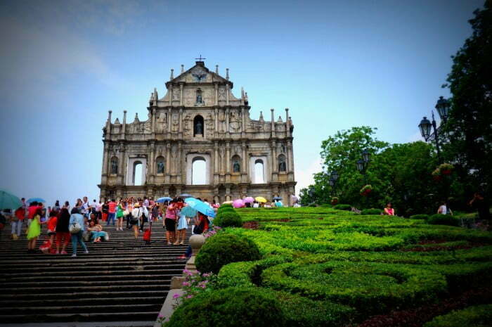 The Ruins of St. Paul on a sunny day in Macau. All that remains is the facade.