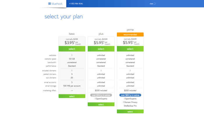 BlueHost select your hosting plan 