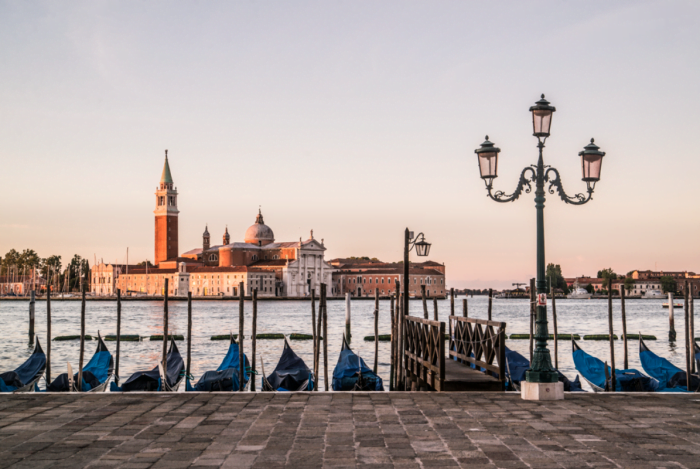Rows of gondolas in Venice, Italy