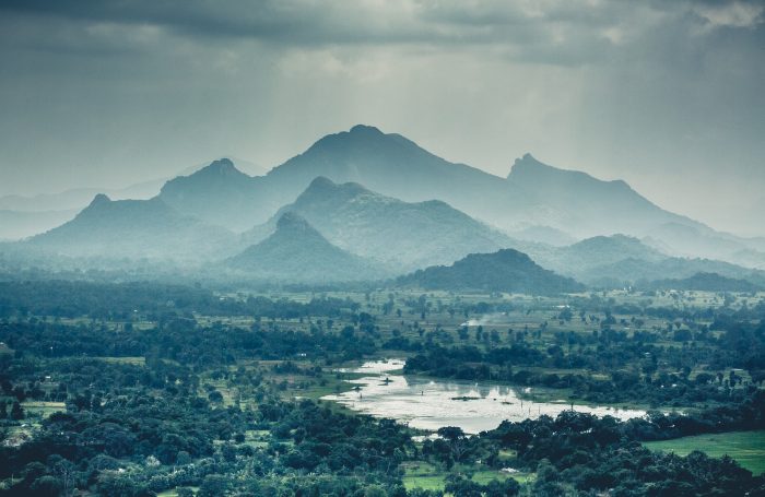 Views from Sigiriya of the scenic mountains on a cloudy day