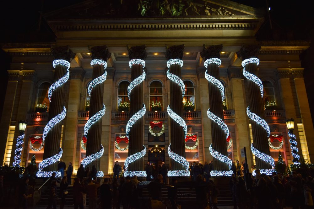 Nighttime light display at Edinburgh at the Dome in Scotland 