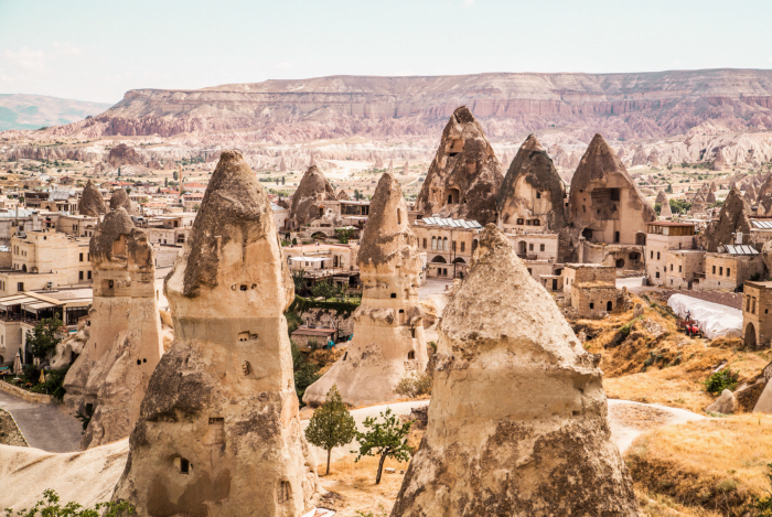 The chimneys of Cappadocia as seen in Goreme, Turkey. 