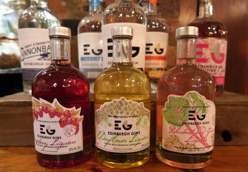 8 different gins on display in Edinburgh, Scotland 