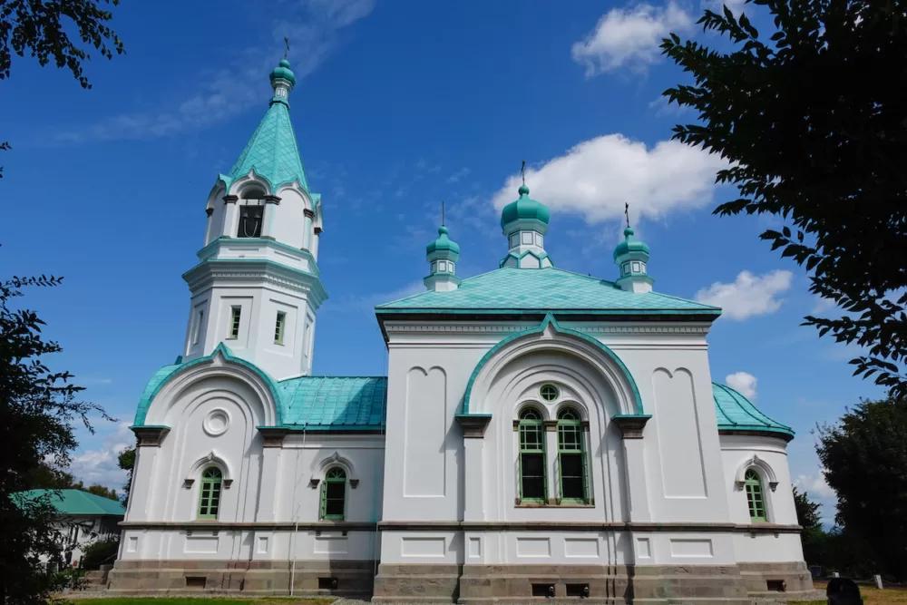 Hakodate Russian Orthodox Church with turquoise onion domes 
