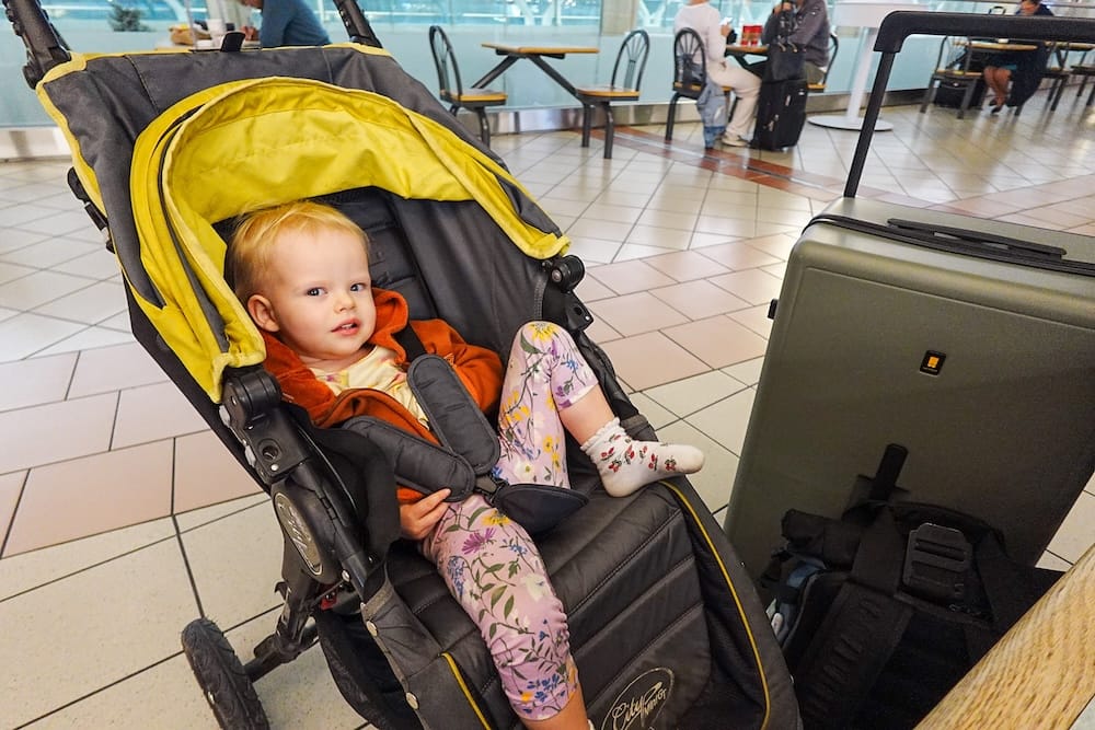 Our daughter Aurelia next to the Level8 Voyageur Suitcase. We packed for 3 people in 1 suitcase!