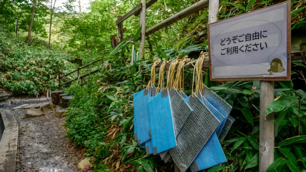 Oyunuma Natural Footbath in Noboribetsu Onsen has mats to sit on