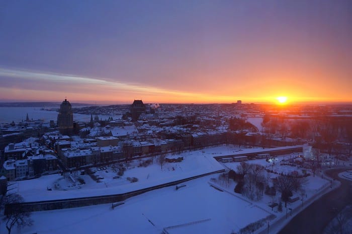 A beautiful sunset over Quebec City, Quebec, Canada view from a distinct high vantage point 
