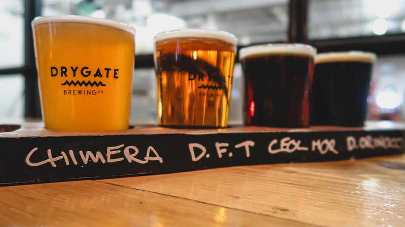 A beer tasting at Drygate Brewery in Glasgow, Scotland where we were served an assorted flight tasting of beers to sample A beer tasting at Drygate Brewery in Glasgow, Scotland where we were served an assorted flight tasting of beers to sample