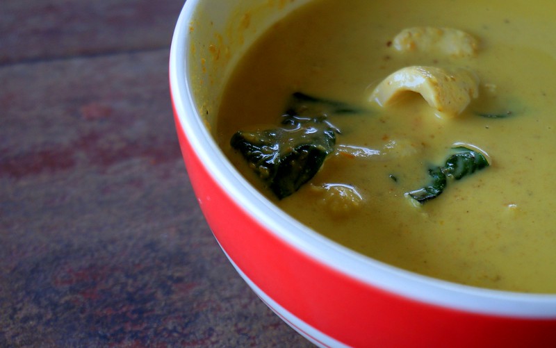 A bowl of Thai yellow curry with chicken macro details of the bowl and ingredients being used in Chiang Mai