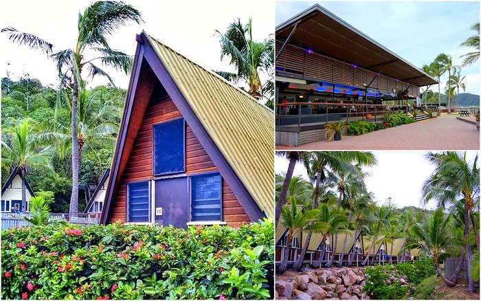 A-Frame style Cabins at Base Backpackers with lush scenery on Magnetic Island, Queensland, Australia