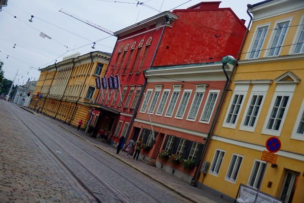 A quiet but colourful street in Helsinki, Finland with no traffic or pedestrians