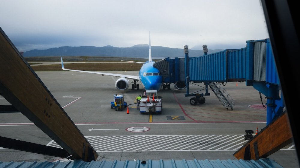 Aerolinas Argentinas flight getting ready to leave Ushuaia, Argentina 
