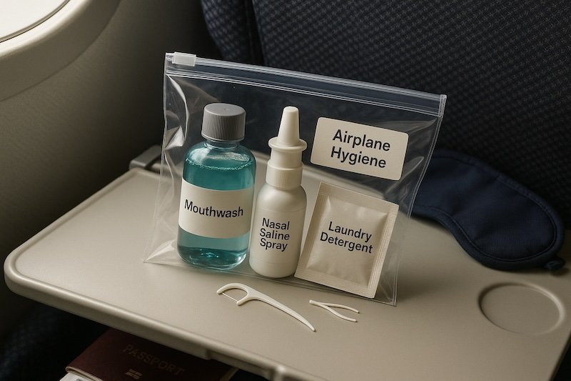 Airplane essentials to pack including mouthwash, floss, nasal spray and more items