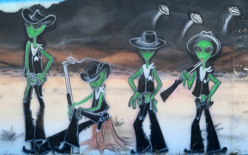 Alien murals along the ET Highway in Nevada with green aliens dressed up in cowboy outfits