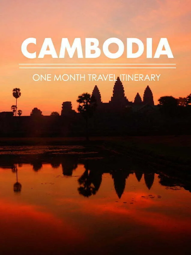 Silhouette of Angkor Wat at sunrise reflected in a lotus pond, with vibrant orange and pink skies highlighting the iconic temple complex in Cambodia, featured on a one-month Cambodia travel itinerary cover