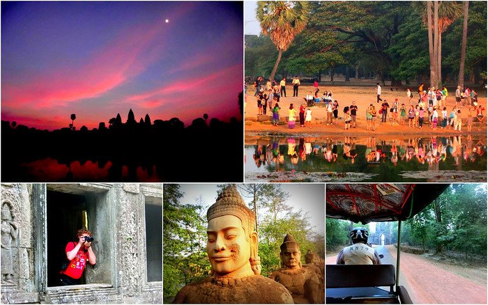 Collage of scenes exploring Angkor Archaeological Park in Siem Reap, Cambodia — including sunrise at Angkor Wat, crowds gathered at reflection ponds, ancient stone carvings, serene temple statues, and a tuk-tuk ride through the jungle with Nomadic Samuel taking photos