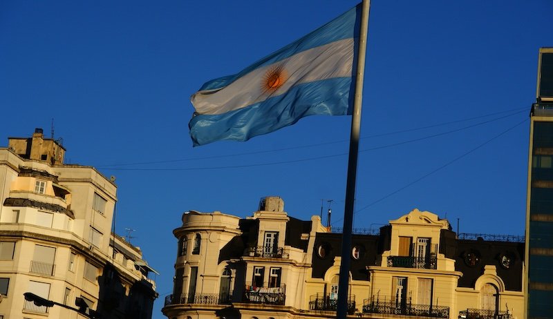 Argentina flag flapping proudly and with confidence in Buenos Aires, Argentina the beating heart and drum of the nation