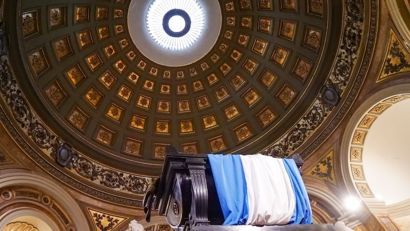 Argentine flag wrapped up with incredible dome views above in Buenos Aires, Argentina 
