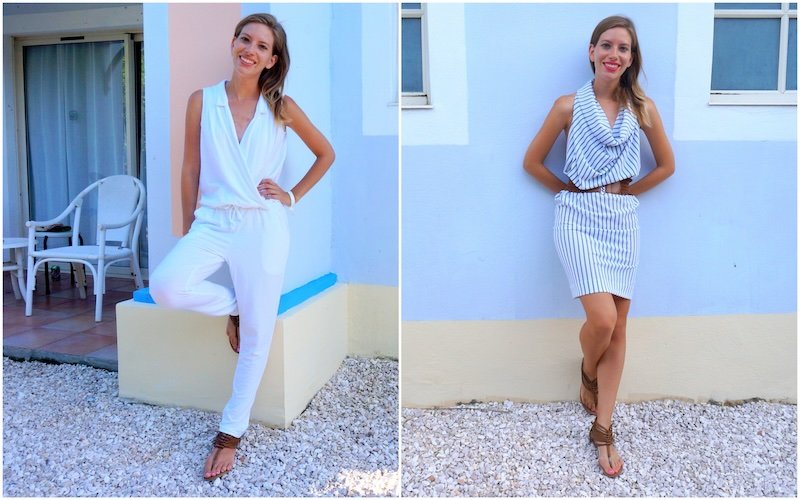 Audrey Bergner of That Backpacker posing in two chic summer outfits during a tropical honeymoon in Cayo Santa María, Cuba — wearing a white jumpsuit in one look and a blue-and-white striped dress in the other, showcasing effortless vacation style