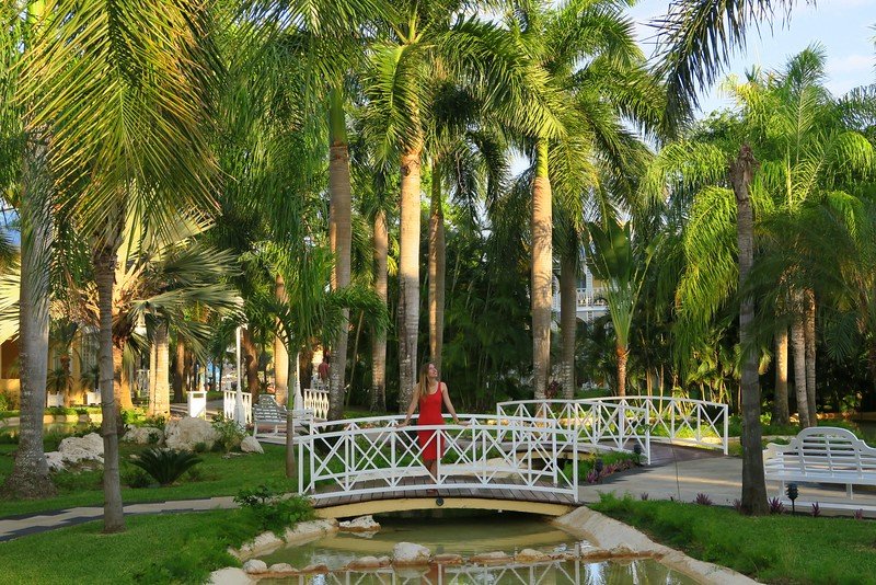 That Backpacker Audrey Bergner standing on a white wooden bridge surrounded by tropical palm trees in the lush gardens of Barceló Resort during our one-week stay in Playa del Carmen, Mexico