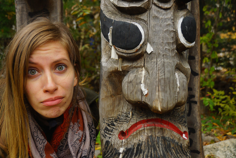 Audrey Bergner That Backpacker with the jangseung (장승) wooden totem poles at the Korean Folk Village making an angry and sad face