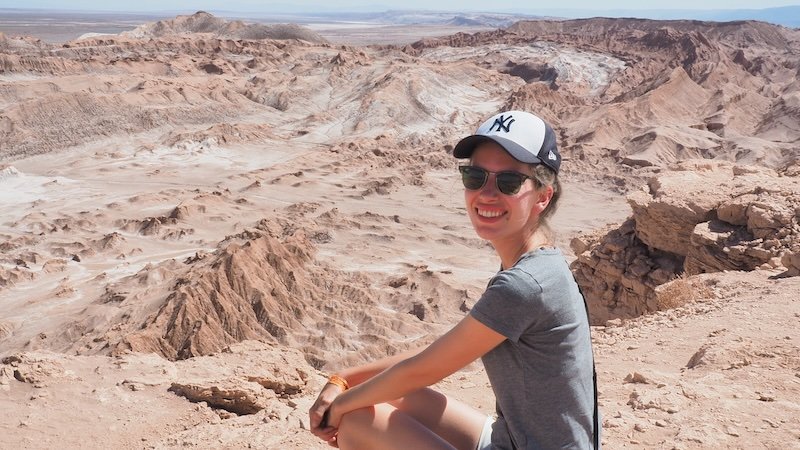 That Backpacker Audrey Bergner enjoying the panoramic desert landscapes at Valle de la Luna during a sunset tour in Chile’s Atacama Desert