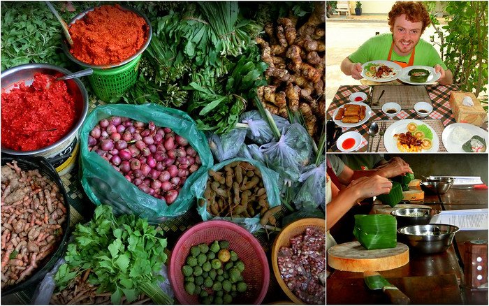 Colorful collage from a cooking class at Nary's Kitchen in Battambang, Cambodia, featuring vibrant local market ingredients like herbs, spices, and shallots, hands wrapping banana leaf parcels during the class, and Nomadic Samuel proudly presenting the Cambodian dishes he prepared