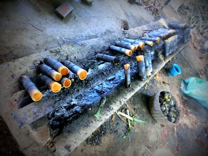 Freshly roasted bamboo tubes filled with sticky rice cooking over open embers in a rural village near Battambang, Cambodia, showcasing traditional Cambodian countryside food preparation