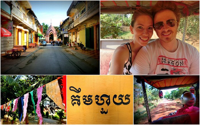 Colorful photo collage of Battambang, Cambodia, showing its quiet colonial streets, vibrant festival decorations, Khmer script signage, tuk-tuk rides through red dirt roads, and a smiling selfie of Nomadic Samuel and Audrey Bergner (That Backpacker) exploring the city together.