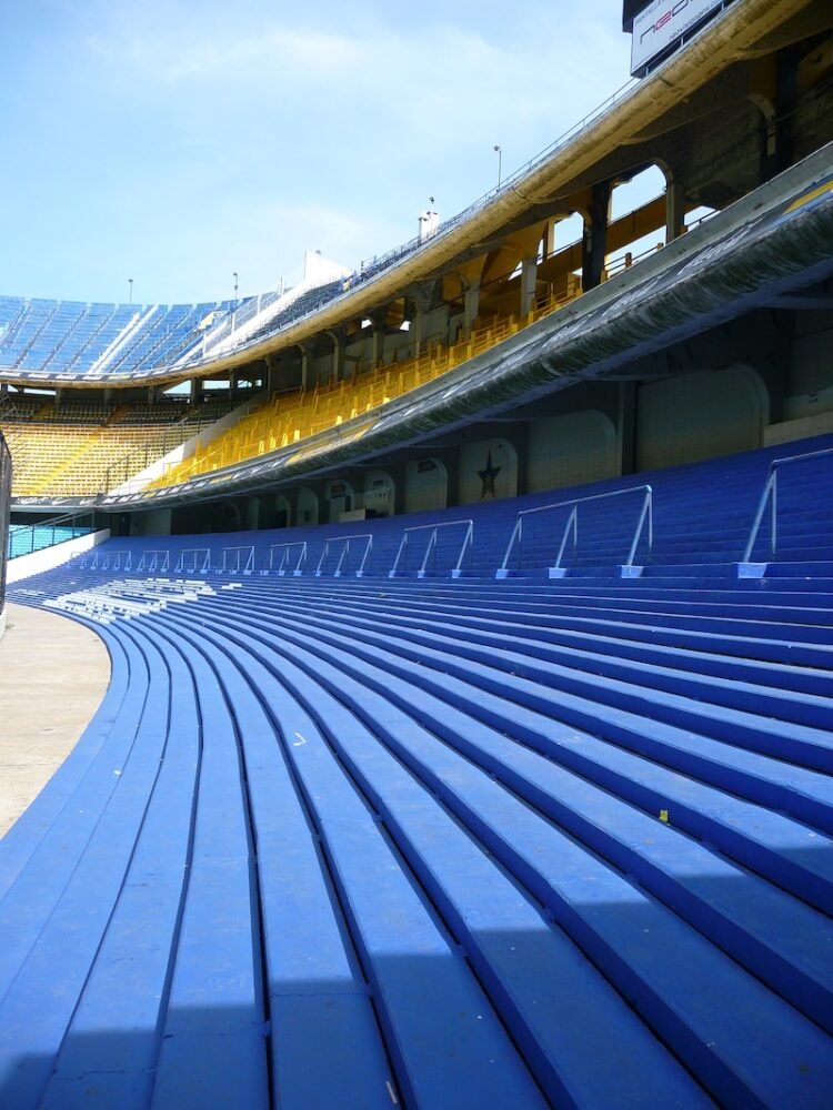 Boca Juniors football stadium tour in blue and yellow seat level views in Buenos Aires, Argentina 