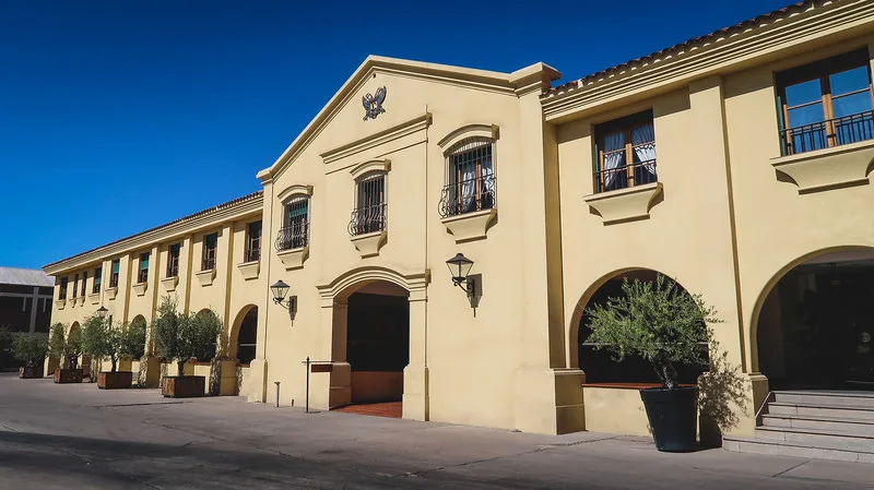 Bodegas Lopez yellow building in Mendoza during our visit to Argentina