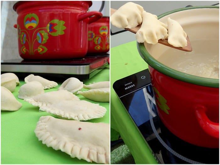 Boiling pierogi in the pot and cooking them to perfection during our pierogi cooking class in Warsaw Boiling pierogi in the pot and cooking them to perfection during our pierogi cooking class in Warsaw