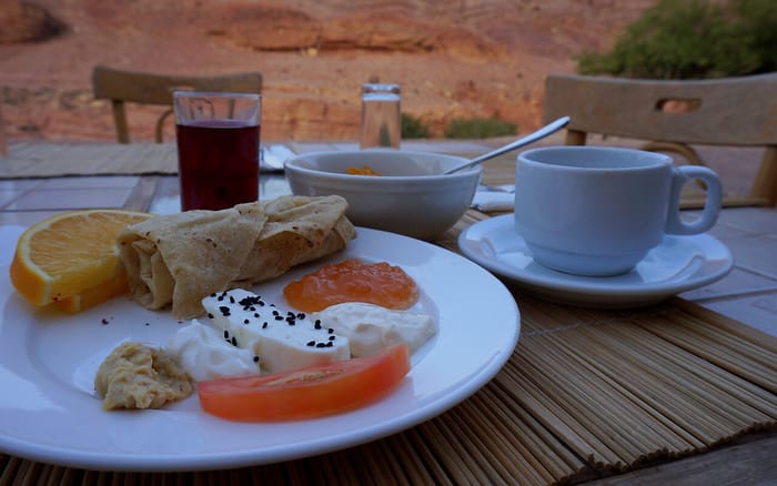 Breakfast al fresco in the Dana Biosphere Reserve which included fruit, jam, cheese and flatbread with juice and hot beverages