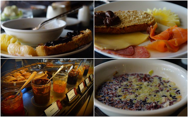 Breakfast buffet at the Impiana Resort in Phuket, Thailand including local fruit, toast and salmon with cheese, spreads and porridge 