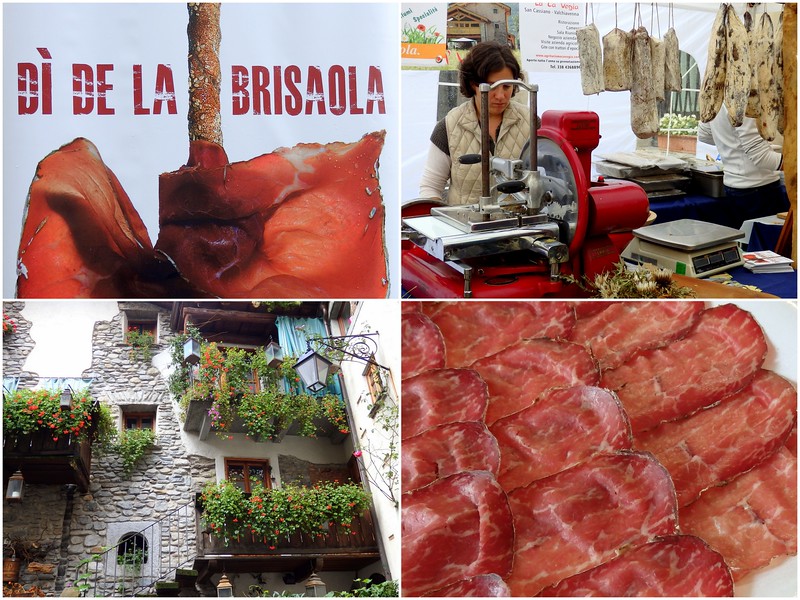 Bresaola Festival in Italy with all of the different meats available from posters to processing to deli display and beautiful homes with flowerbeds!