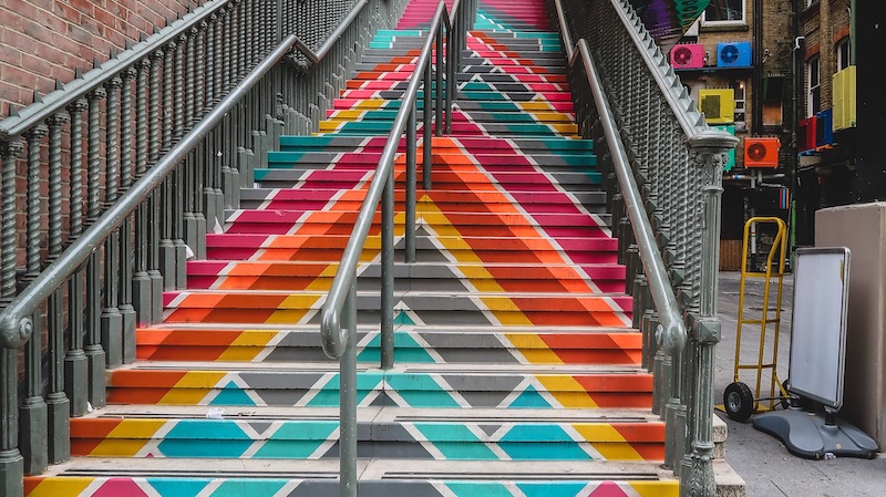 Brightly colored and artistic staircase in London, England Brightly colored and artistic staircase in London, England