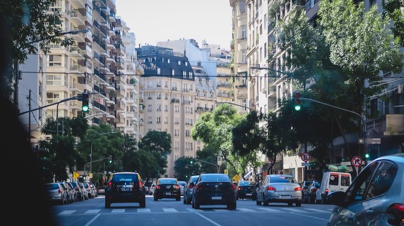 Buenos Aires traffic as viewed from a taxi cab in Buenos Aires, Argentina 