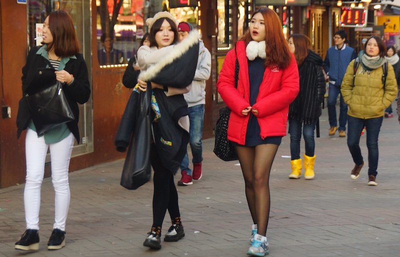 Busy street scene and fashion in Hongdae in Seoul, Korea 