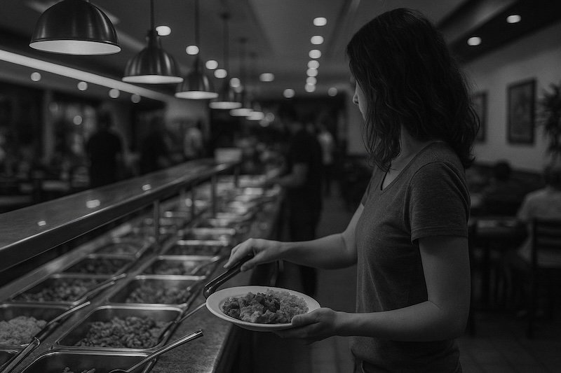 A black and white photograph of a woman serving herself at a carne a kilo self-service buffet restaurant in Florianópolis, Brazil. She holds a plate while selecting food from a row of metal trays filled with meats and sides under pendant lights, capturing the lively dining atmosphere.