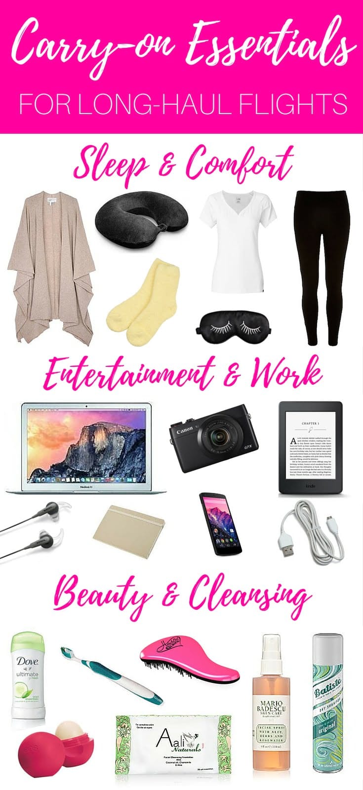Carry-on Essentials for Long-Haul Flights. Here's what to pack in your carry on luggage for sleep, comfort, entertainment, work, beauty and cleansing
