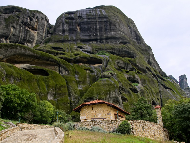 Caves where hermit monks lived in Meteora, Greece from a low vantage point