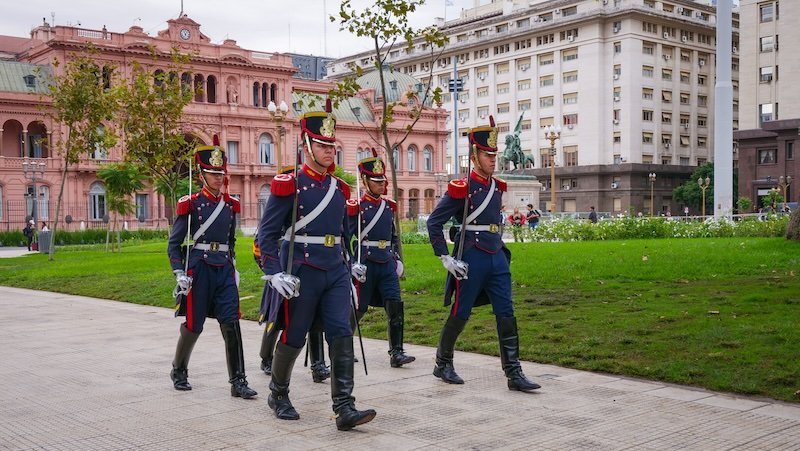 Changing of the guard soldiers marching in Buenos Aires, Argentina looking all regal in their uniforms 