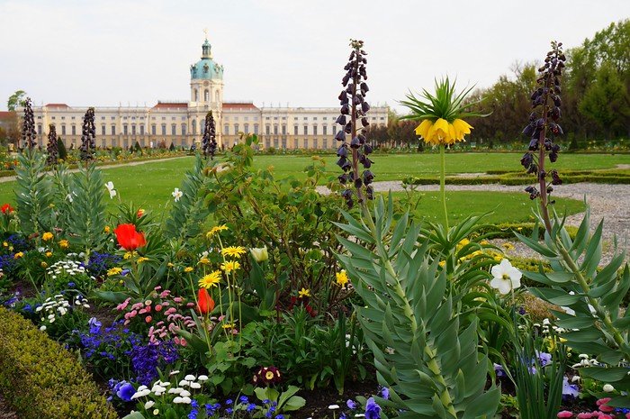 Charlottenburg Palace in Berlin, Germany, with colorful spring flowers in the foreground, including tulips and daisies, and the grand baroque palace with its green dome in the background, surrounded by manicured palace gardens