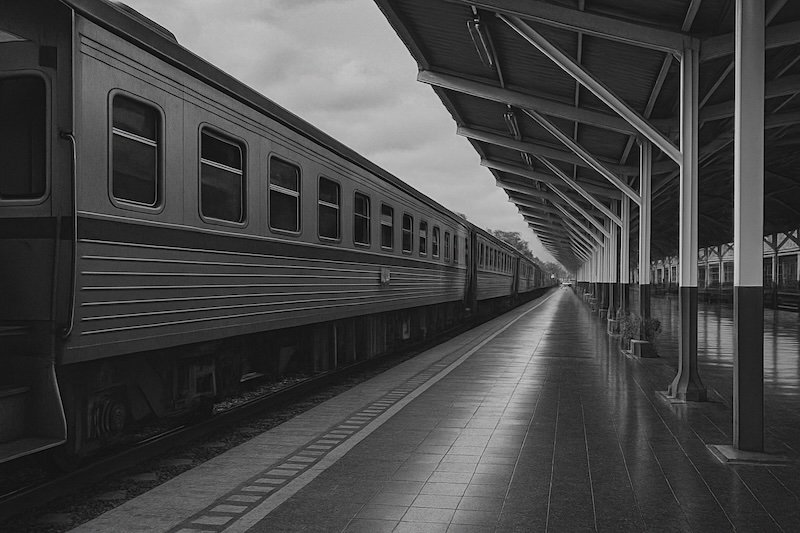 A black and white photograph of Chiang Mai Railway Station in Thailand, showing a long passenger train on the left and a covered platform with tiled floors on the right. The parallel lines of the platform and train stretch into the distance, creating a calm, timeless travel scene