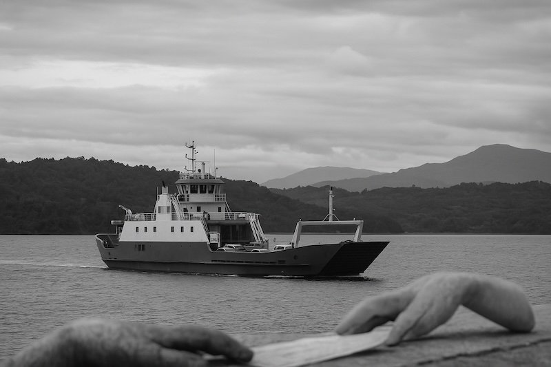 A black and white travel photograph of a double-ended ferry carrying vehicles and passengers across the water toward Chiloé Island, Chile, with forested hills and distant mountains in the background under a cloudy sky