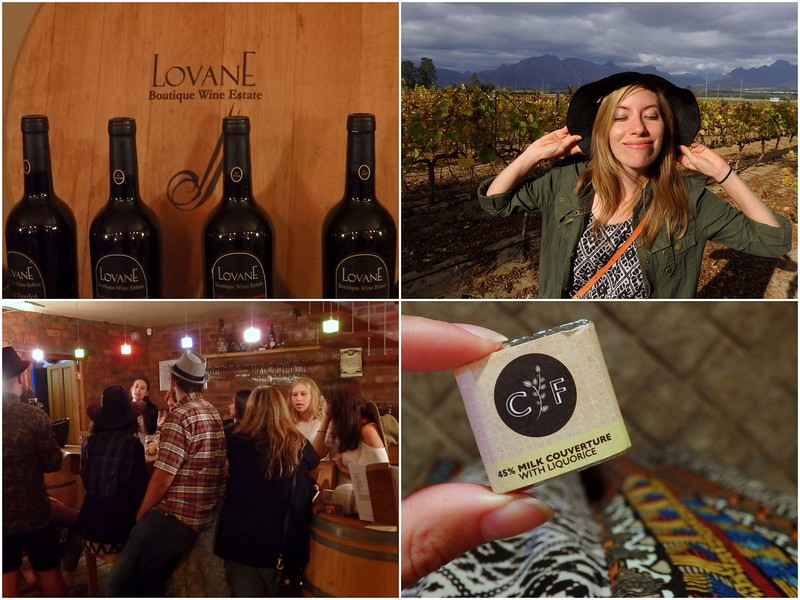 Chocolate and wine pairing at Lovane with bottles lined up and That Backpacker enjoying the ambience both inside and outside in Stellenbosch