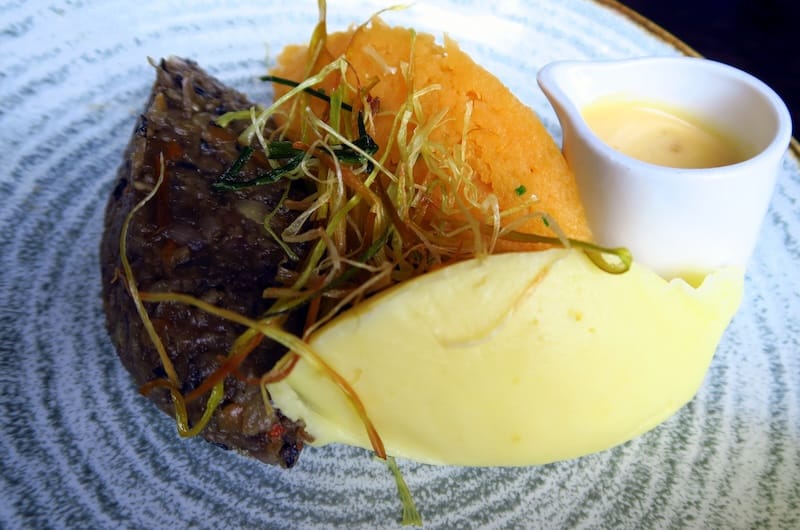 Classic haggis, neeps and tatties macro details in Edinburgh, Scotland 