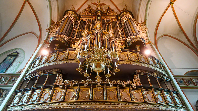 Close up view of the great organ inside St John's Church in Lüneburg, Germany 