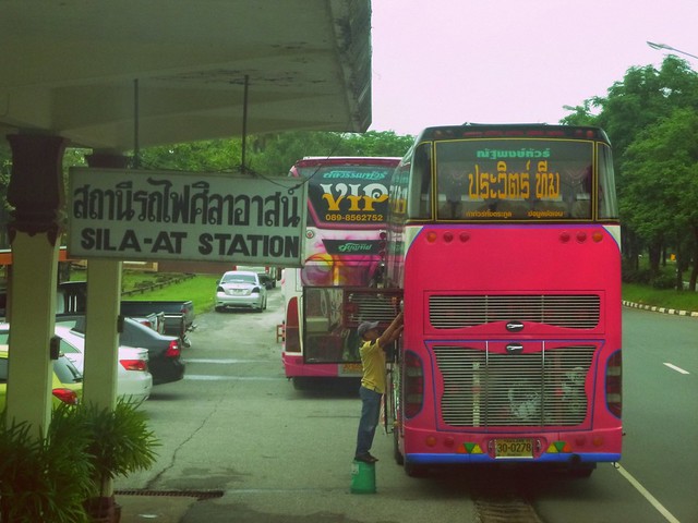 Coach buses at Sila-at station ready to take us the rest of the way to Chiang Mai after our train derailed in Thailand