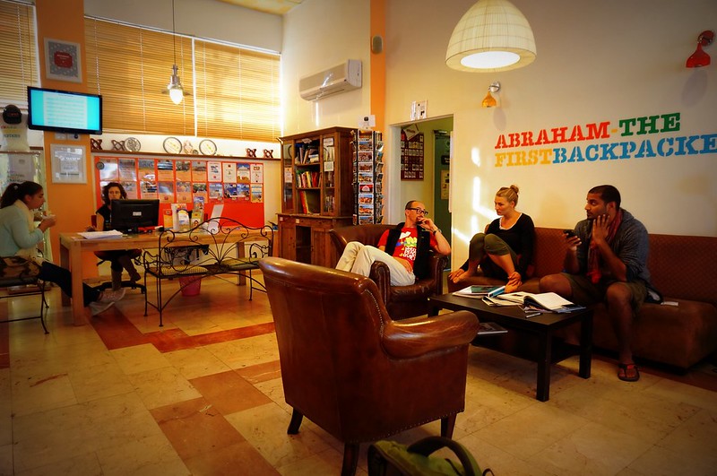 Common area social scene at Abraham hostel in Jerusalem, Israel 